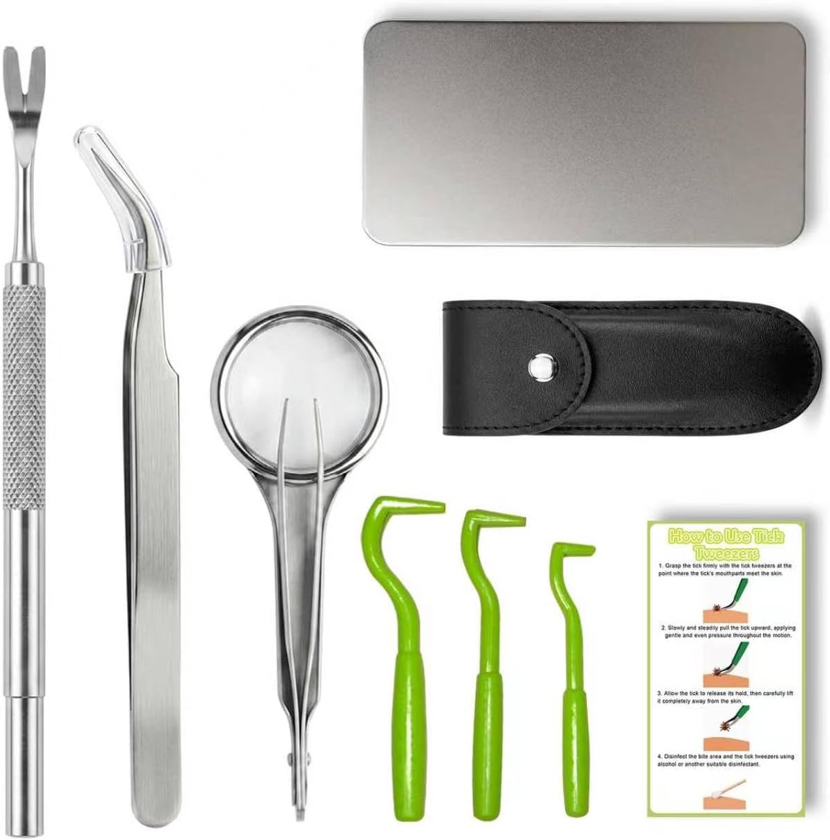 Kittmip 8 in 1 tick removal kit front view showing stainless steel tools.