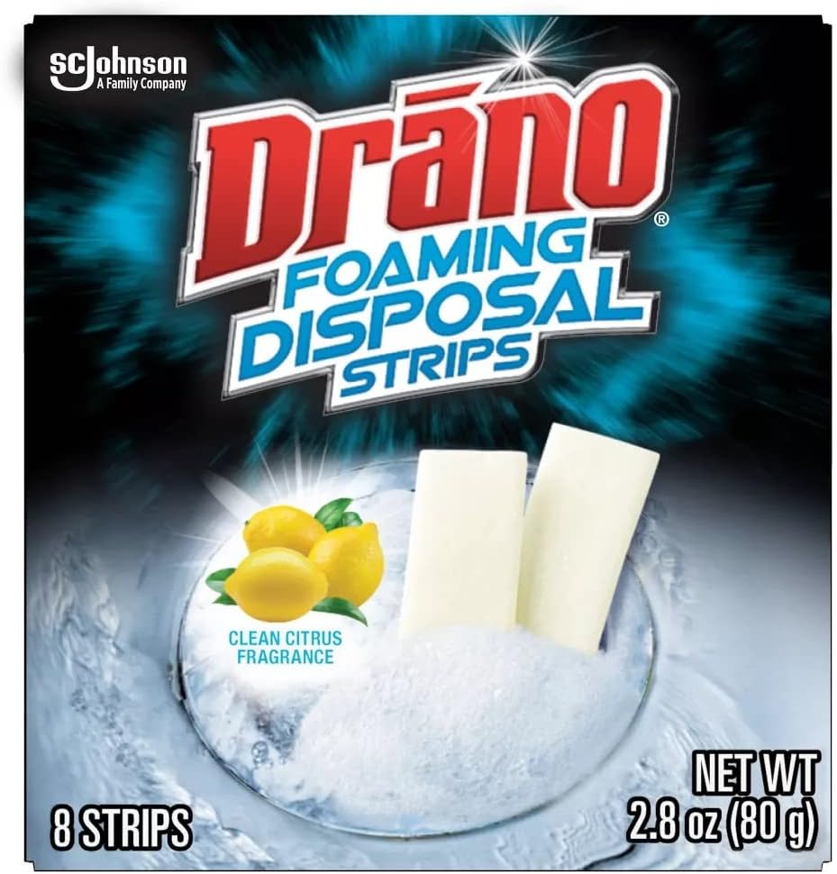 Drano Foaming Disposal Strips 8 Count box front view garbage disposal cleaner