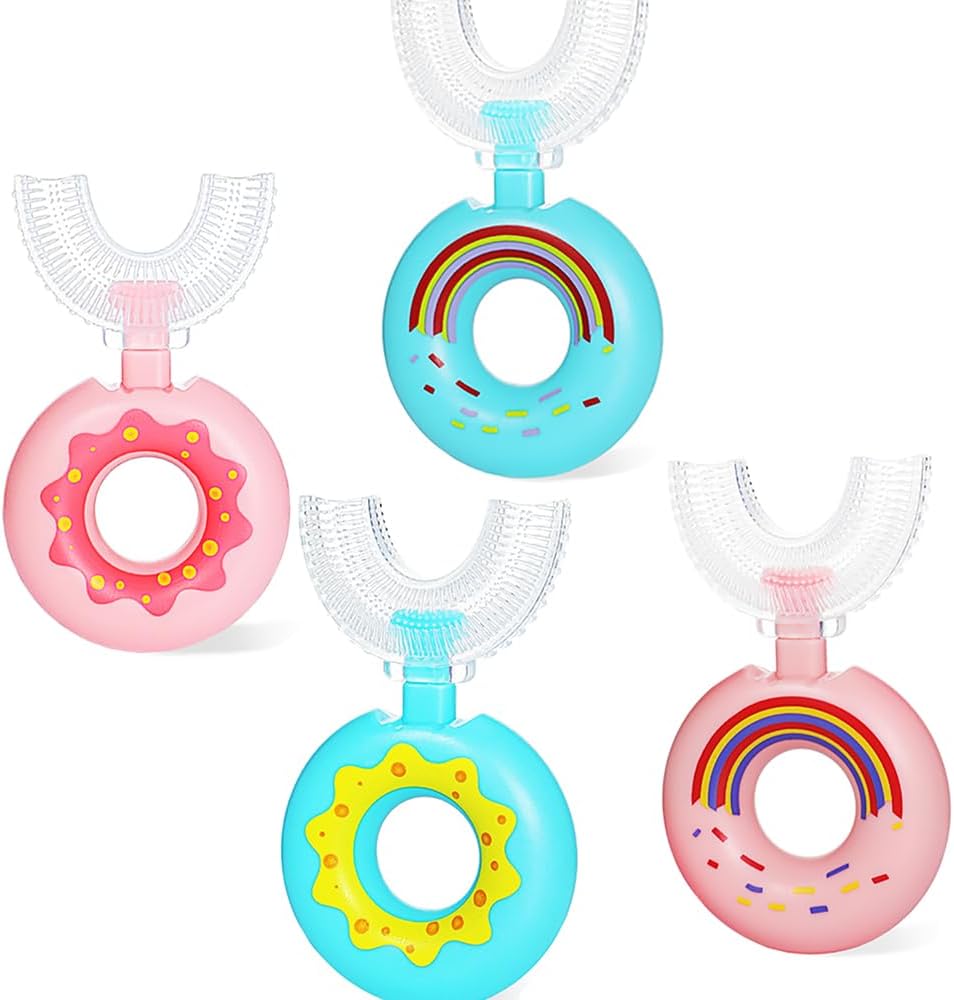Newrichbee U-Shaped Toddler Toothbrush 4 Pack front view showing colorful donut handles and silicone heads.