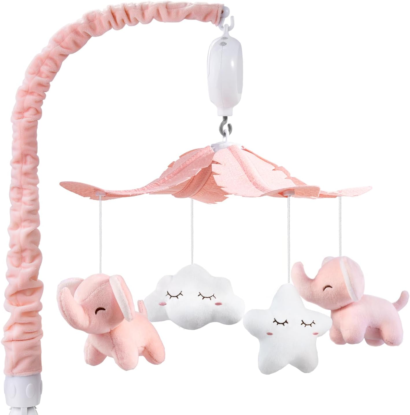 FEISIKE Baby Crib Mobile front view showing pink elephant plush toys and digital music box