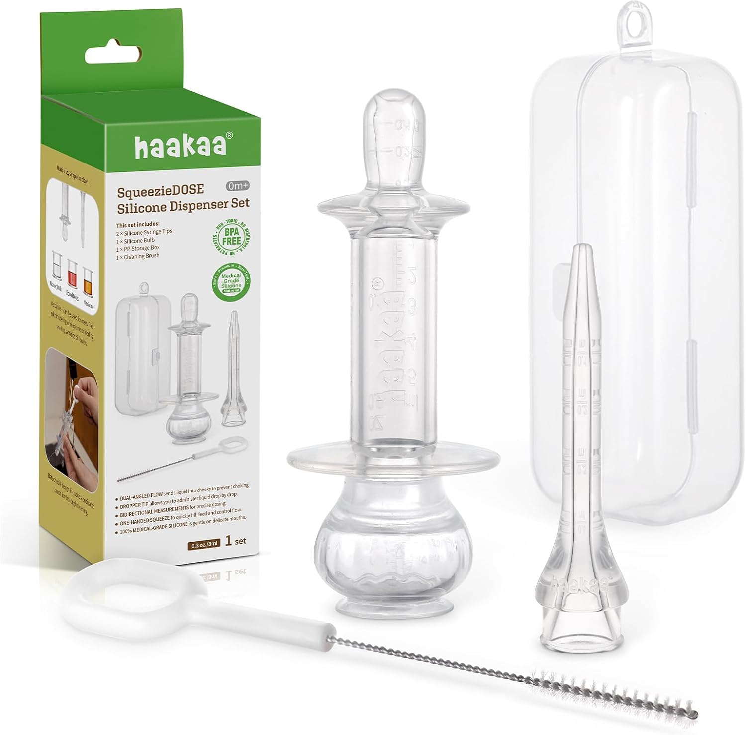Haakaa baby medicine dispenser set front view with silicone syringe