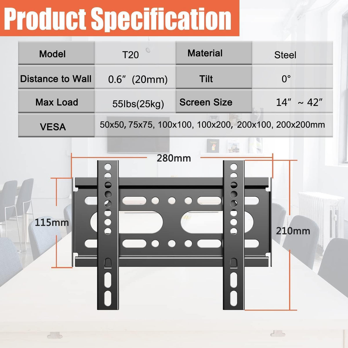 Low profile TV monitor bracket showing slim 0.6 inch wall distance profile
