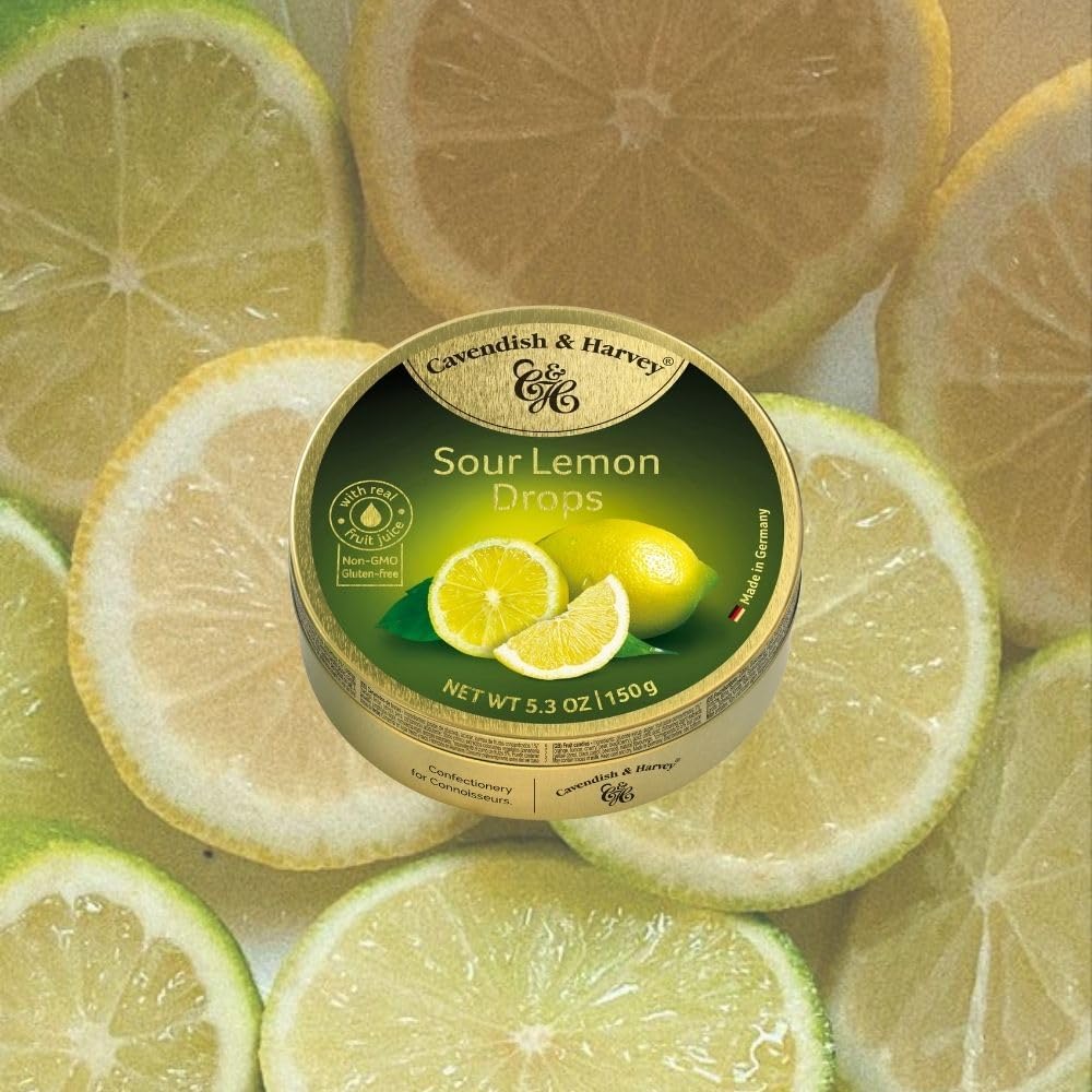 Authentic Cavendish & Harvey fruit juice candy tin close up shot