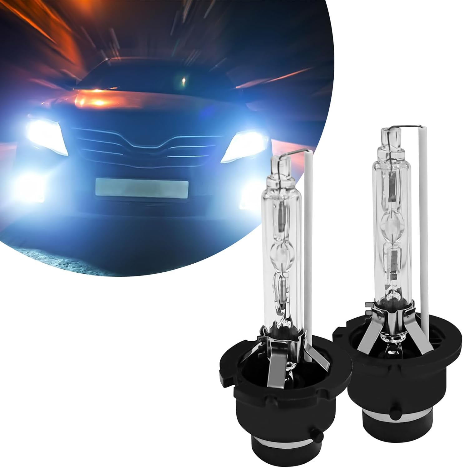 SamWinGear D2S HID headlight bulbs front view package showing dual xenon lamps with metal stent bases.