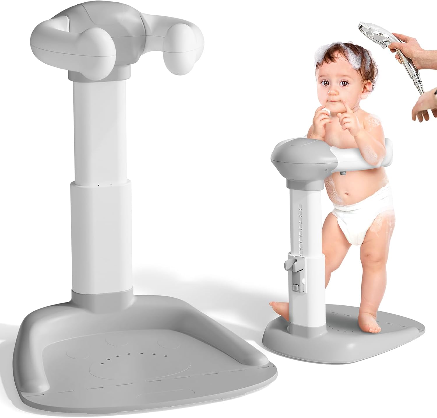 Cooseya Baby Bath Shower Stand Support front view with adjustable tower