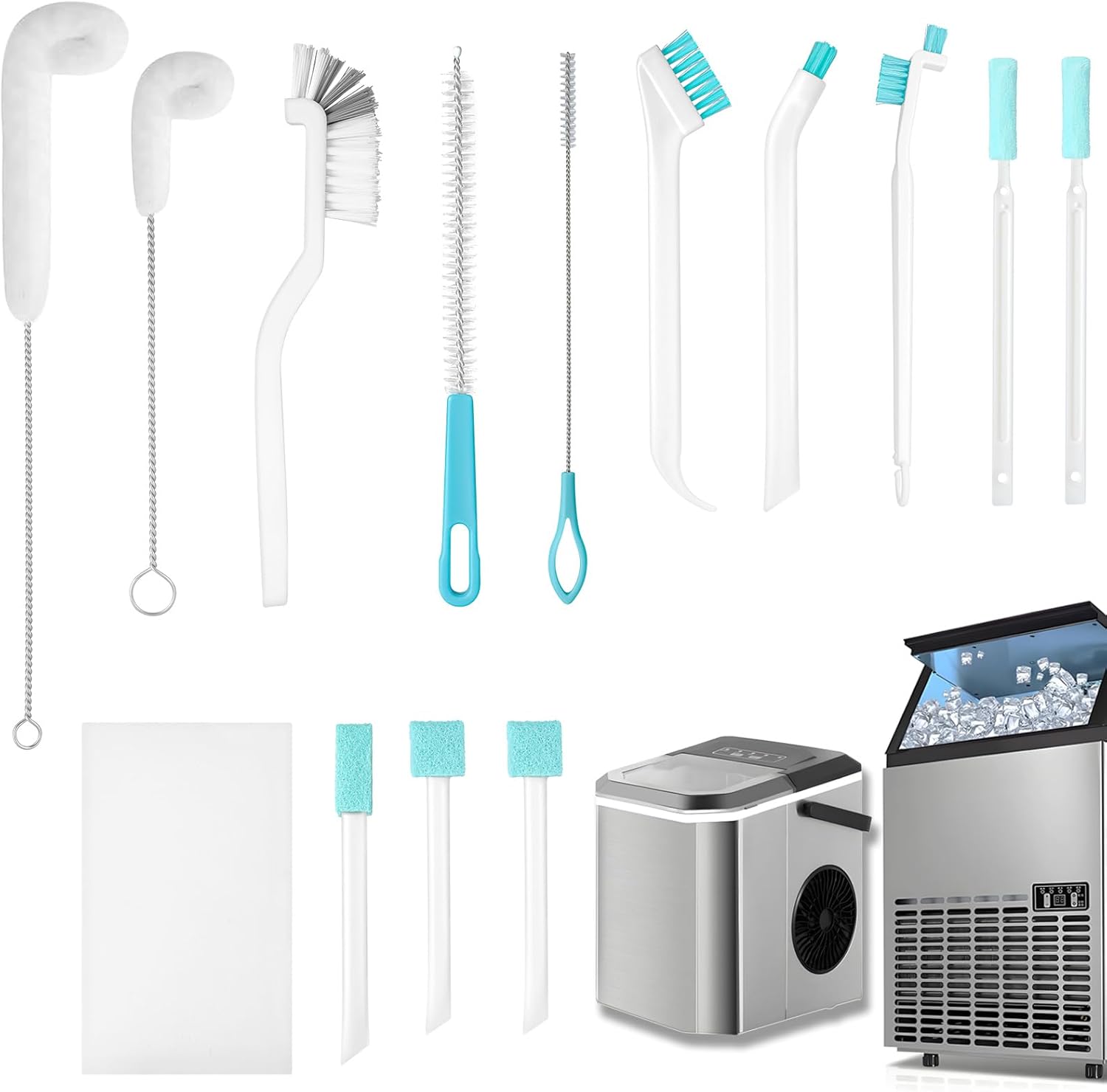 Potanro Ice Machine Cleaner Brush Set fourteen piece kit front view showcasing assorted green cleaning brushes.