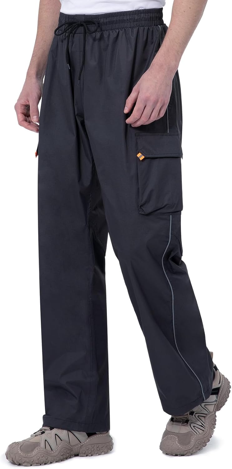 RainRider waterproof rain pants front view showing adjustable drawstring waistband.