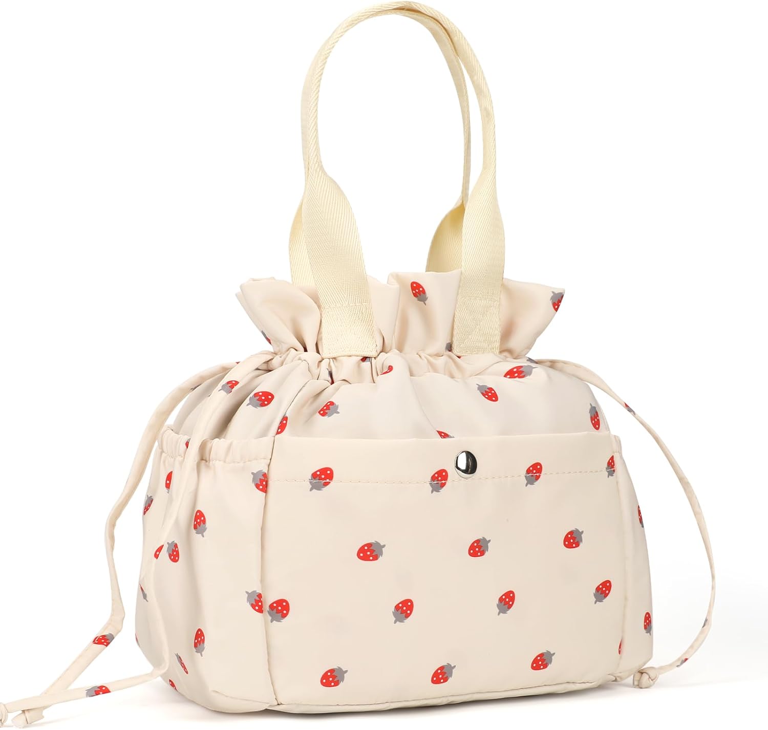 BEFIVECOK insulated strawberry lunch bag front view featuring a cute khaki strawberry print pattern.