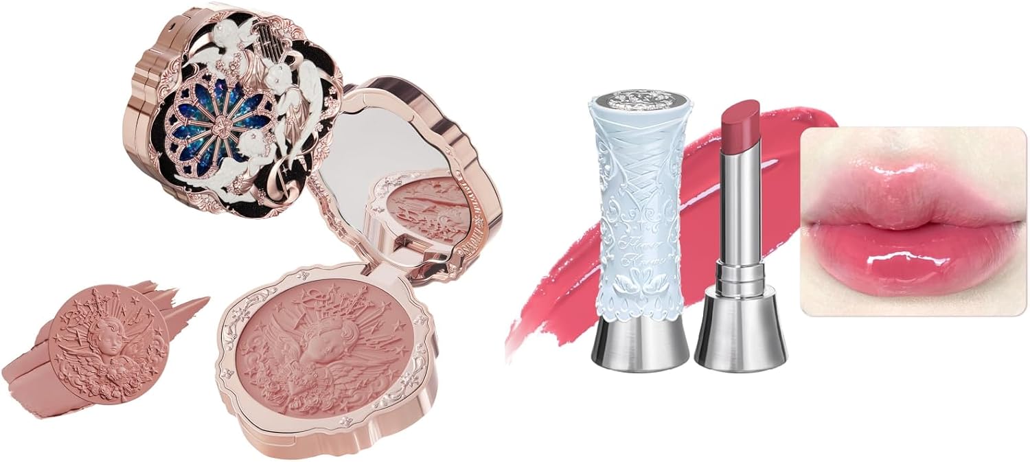 Flower Knows Little Angel Cream Blush and Swan Ballet Shine Lip Gloss Stick Set,Buildable & Blendable Dewy Makeup,Soft Long-Lasting Cute Make Up(Blush 04 Rose Ashes + Lipstick B06 Blue Ribbon) - Image 1