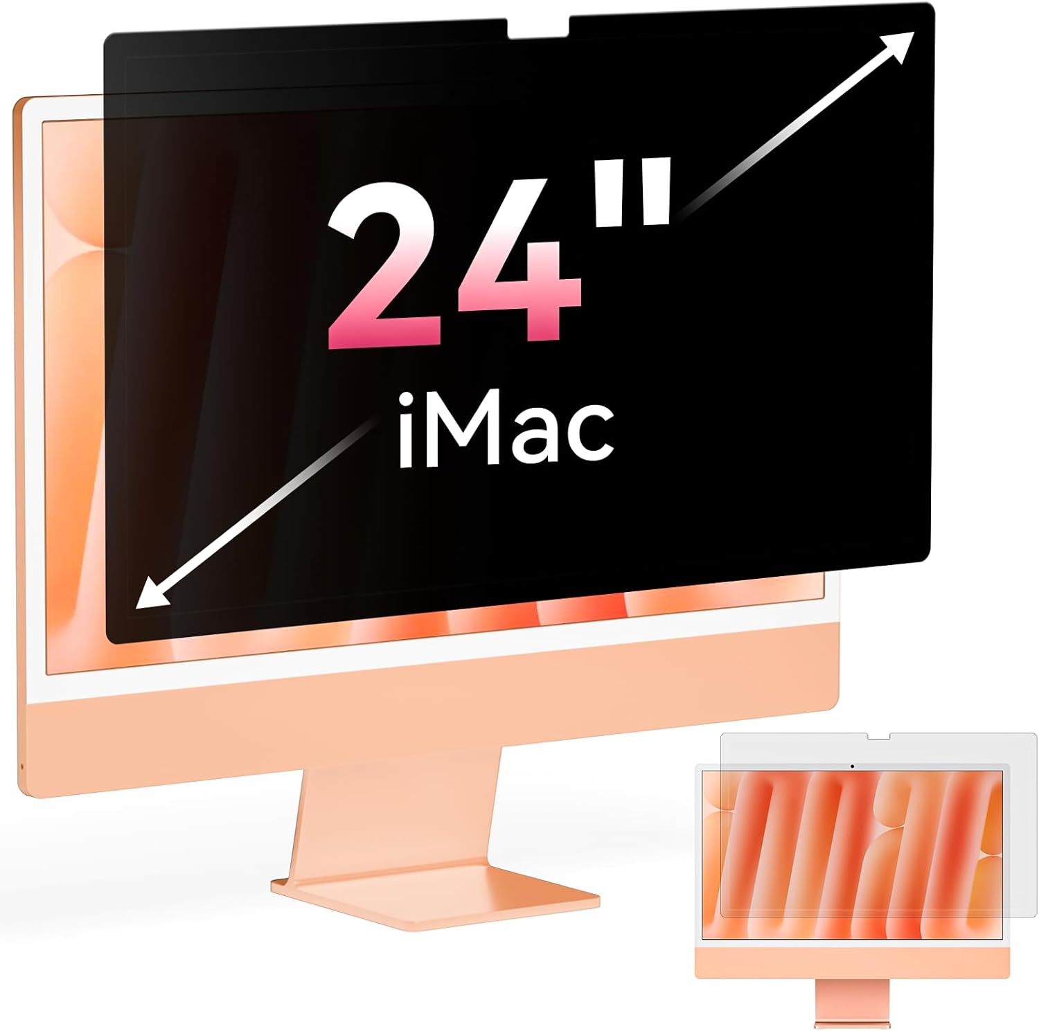 Yklssm 24 inch iMac privacy screen protector front view mounted on a desktop monitor