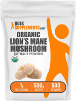 Authentic imported BulkSupplements Lions Mane pouch detailing serving size instructions