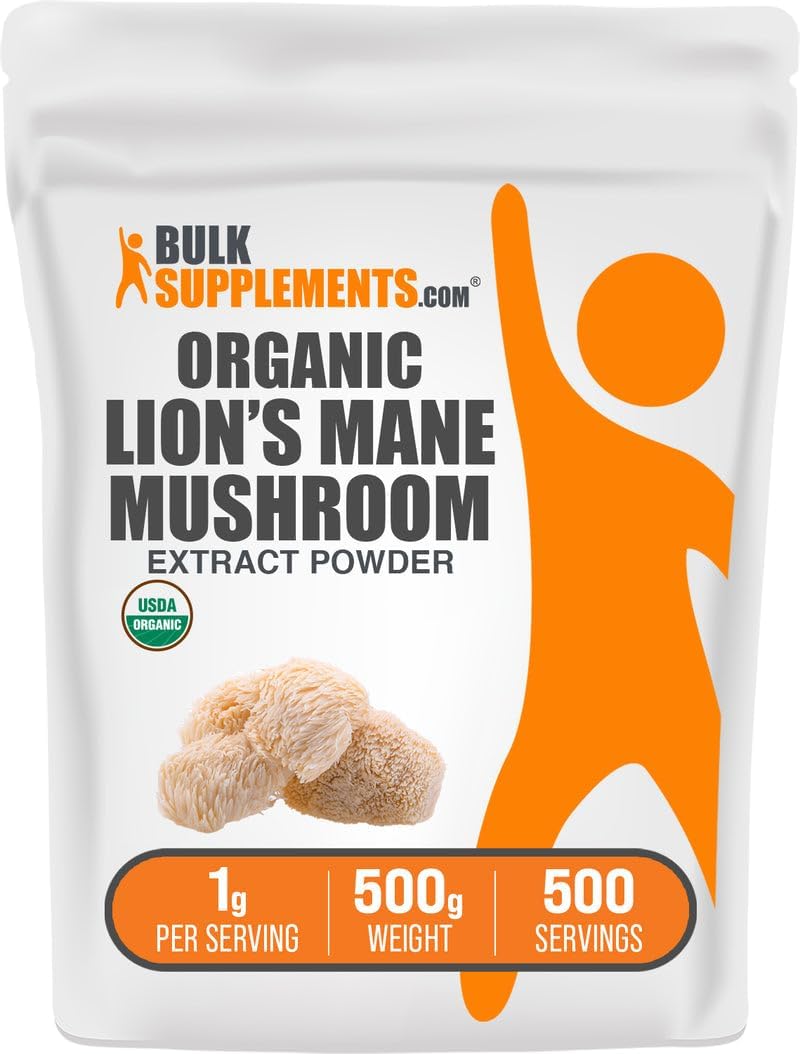 Authentic imported BulkSupplements Lions Mane pouch detailing serving size instructions