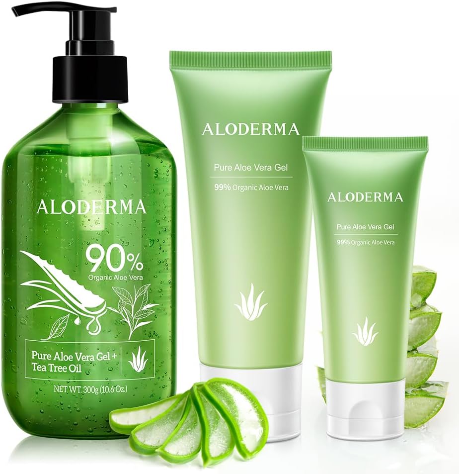 Aloderma brand 4 piece aloe vera gel set with tea tree oil for skin care