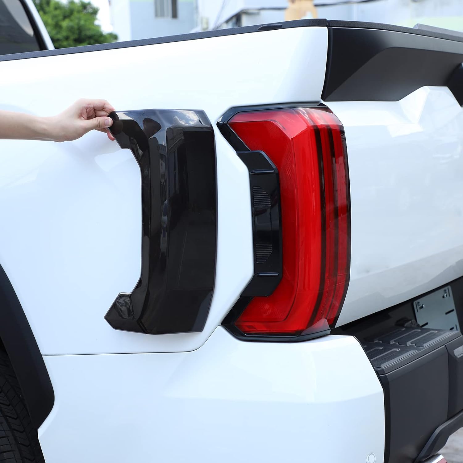 LLKUANG rear tail light cover set in smoke black finish shown on a vehicle tail lamp.