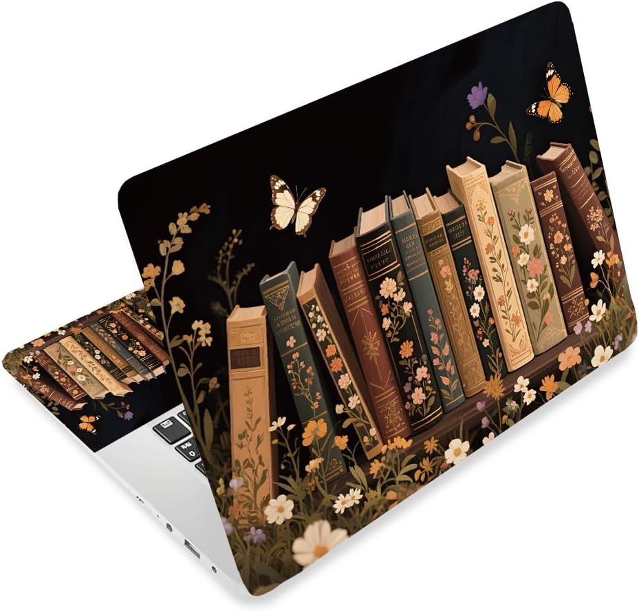 CRAFTYMELODY vintage book laptop skin sticker front view showcasing dark cottagecore botanical design on a notebook lid