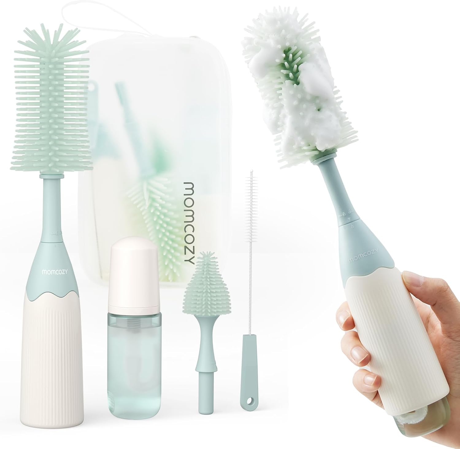 Momcozy bottle brush kit push-press green front view
