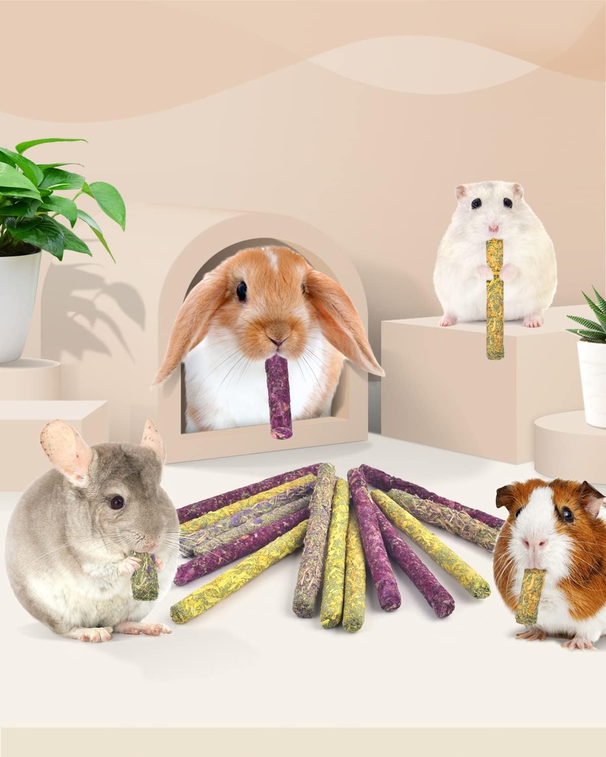 Nutritious timothy hay and oat fiber sticks for rabbit digestive tract wellness.