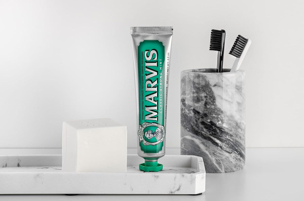 Marvis vegan paraben free plaque control toothpaste set display close up
