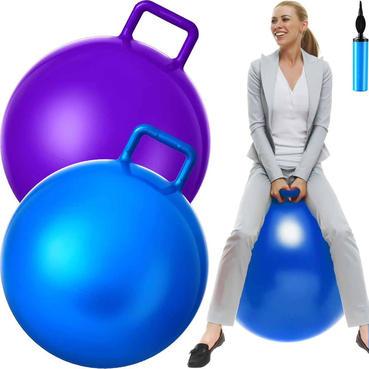 Lewtemi adult bouncing ball set front view showing blue and purple colors with handles.