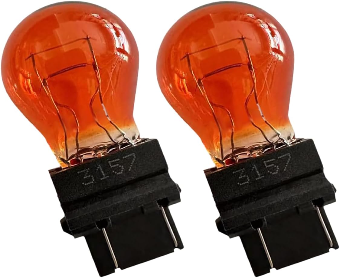 Tuxihapp 3157 car halogen light bulb front view showcasing dual filament design and amber glass housing.