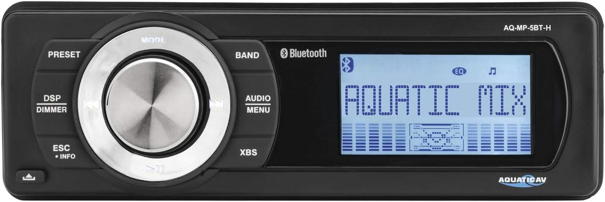 Aquatic AV MP5 Harley radio front view showing digital display and faceplate
