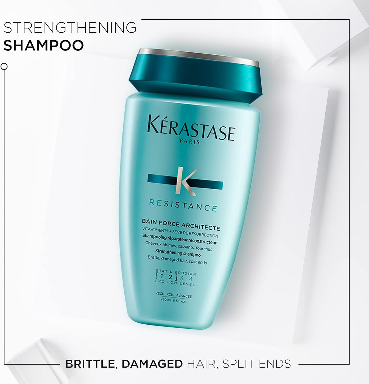 Close up of Kérastase Resistance shampoo label details