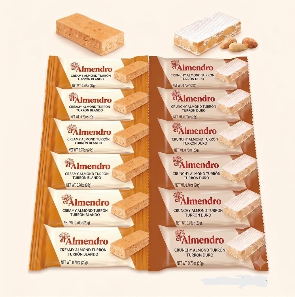 Authentic imported El Almendro twenty-four count crunchy almond turron confectionery display.