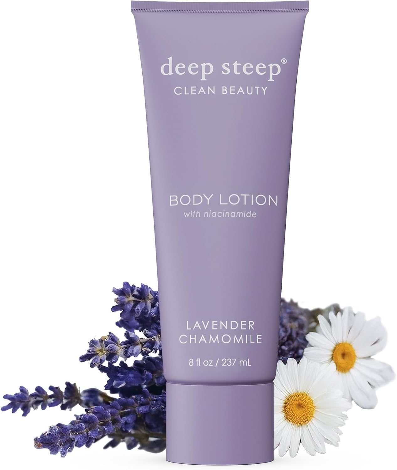 Deep Steep body lotion front view with lavender and chamomile design