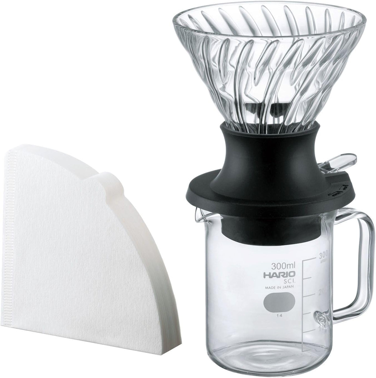 Hario V60 Switch glass cone and silicone base close up view