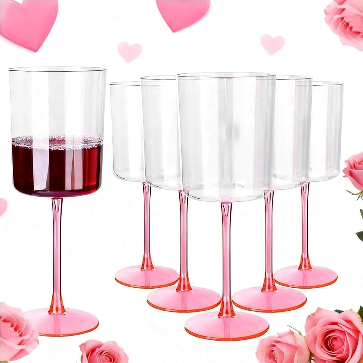 Ciaell 12 pack clear plastic wine glasses with pink stems front view for party hosting