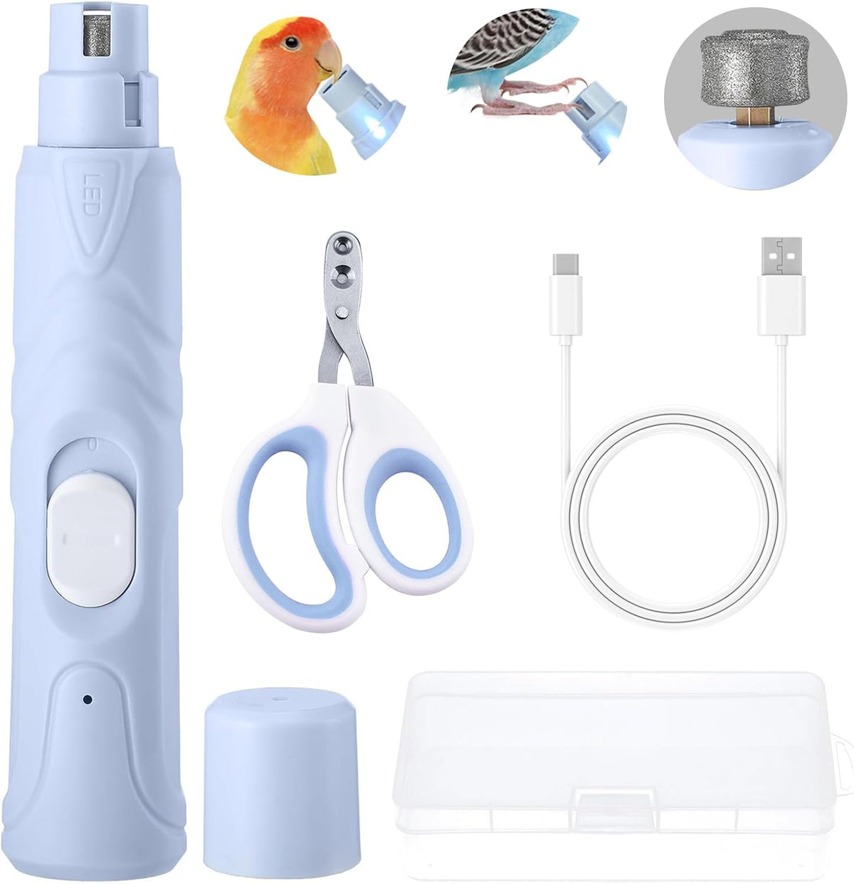 LUKHMELF bird nail grinder front view in blue showing the LED safety lamp and protective cap
