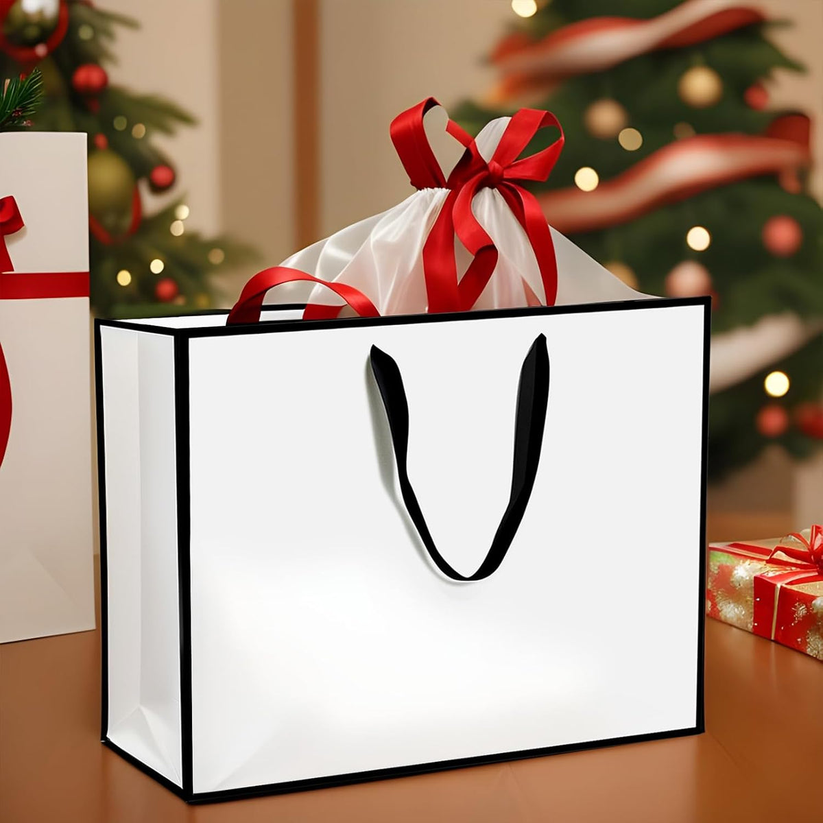 Xloey white gift bags featuring minimalist black trim design.