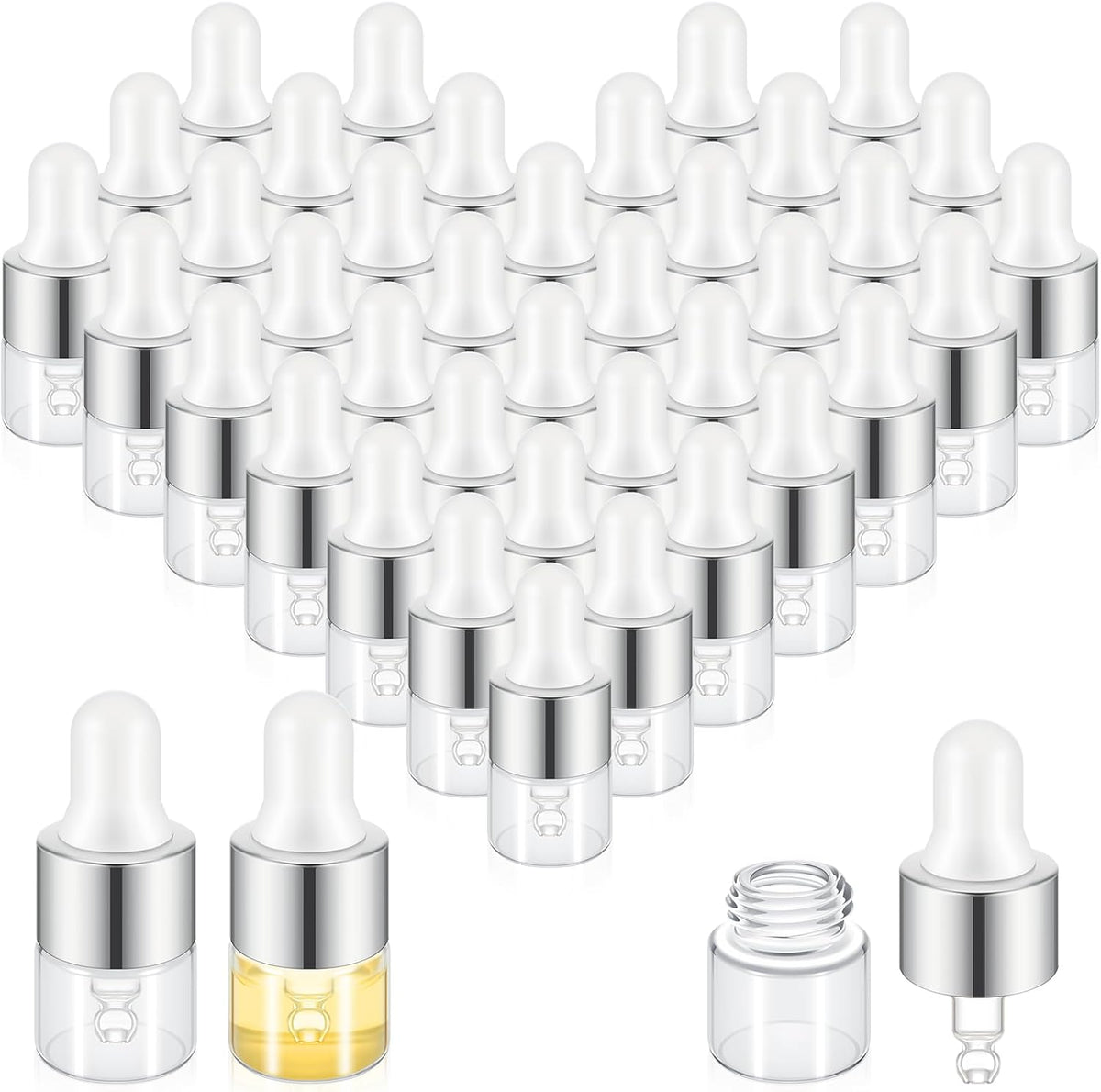 Didaey 200 Pcs 1/2/3/5/10/15 ml Mini Glass Oil Dropper Bottle Bulk, Clear Essential Small Empty Bottles Sample Containers Perfume Liquid Vials with Cap for Traveling (2 ml,Champagne Gold) - Image 14