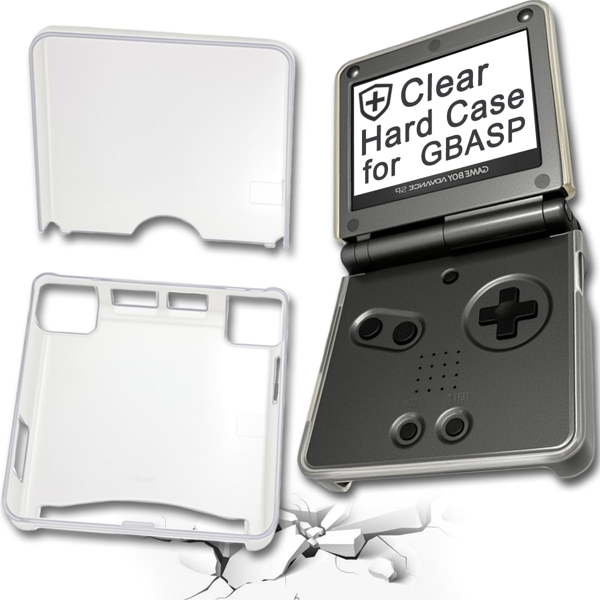 JMXLDS hard transparent PC protective case for GBA SP front view showing clear top piece