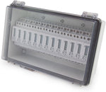 EKM Metering polycarbonate box close-up of heavy-duty hinge and latch mechanism.