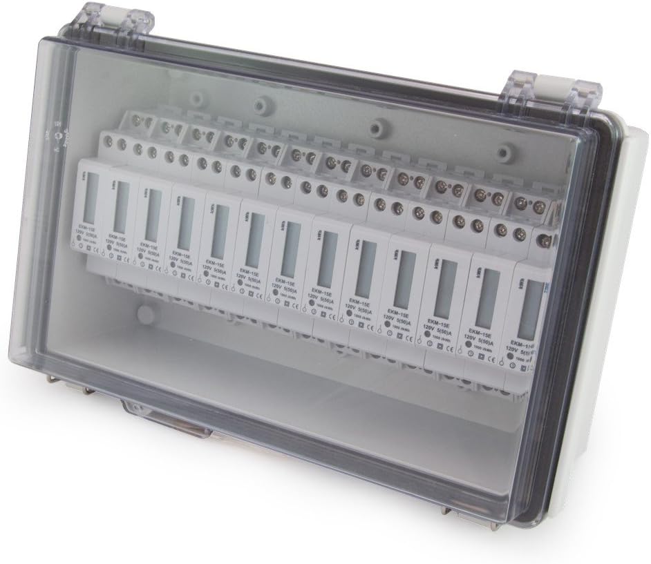 EKM Metering polycarbonate box close-up of heavy-duty hinge and latch mechanism.