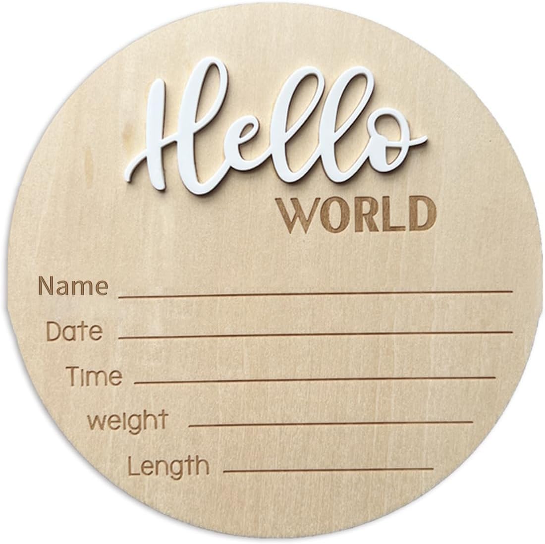 Ycfish wooden baby announcement sign white front view showing 3D Hello World lettering