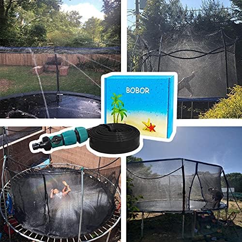 Thickened blue polyvinyl chloride sprinkler hose secured to the outside of a black trampoline safety net.