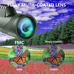 Portable high power monocular telescope being handheld by an adult user during an outdoor hiking trip.