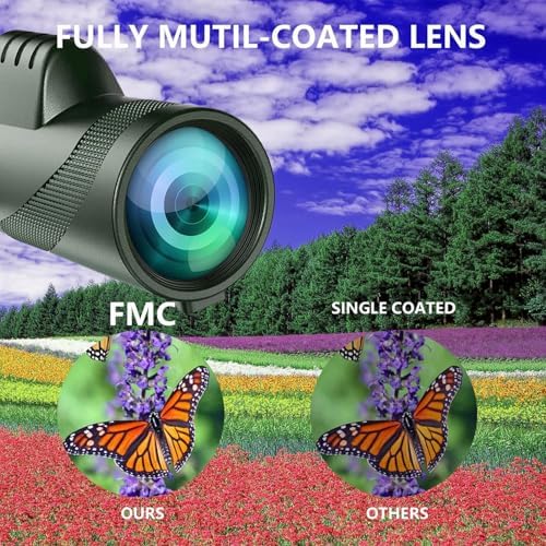 Portable high power monocular telescope being handheld by an adult user during an outdoor hiking trip.