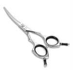 Hashimoto 5 inch small curved dog grooming scissors front view showing premium stainless steel blades