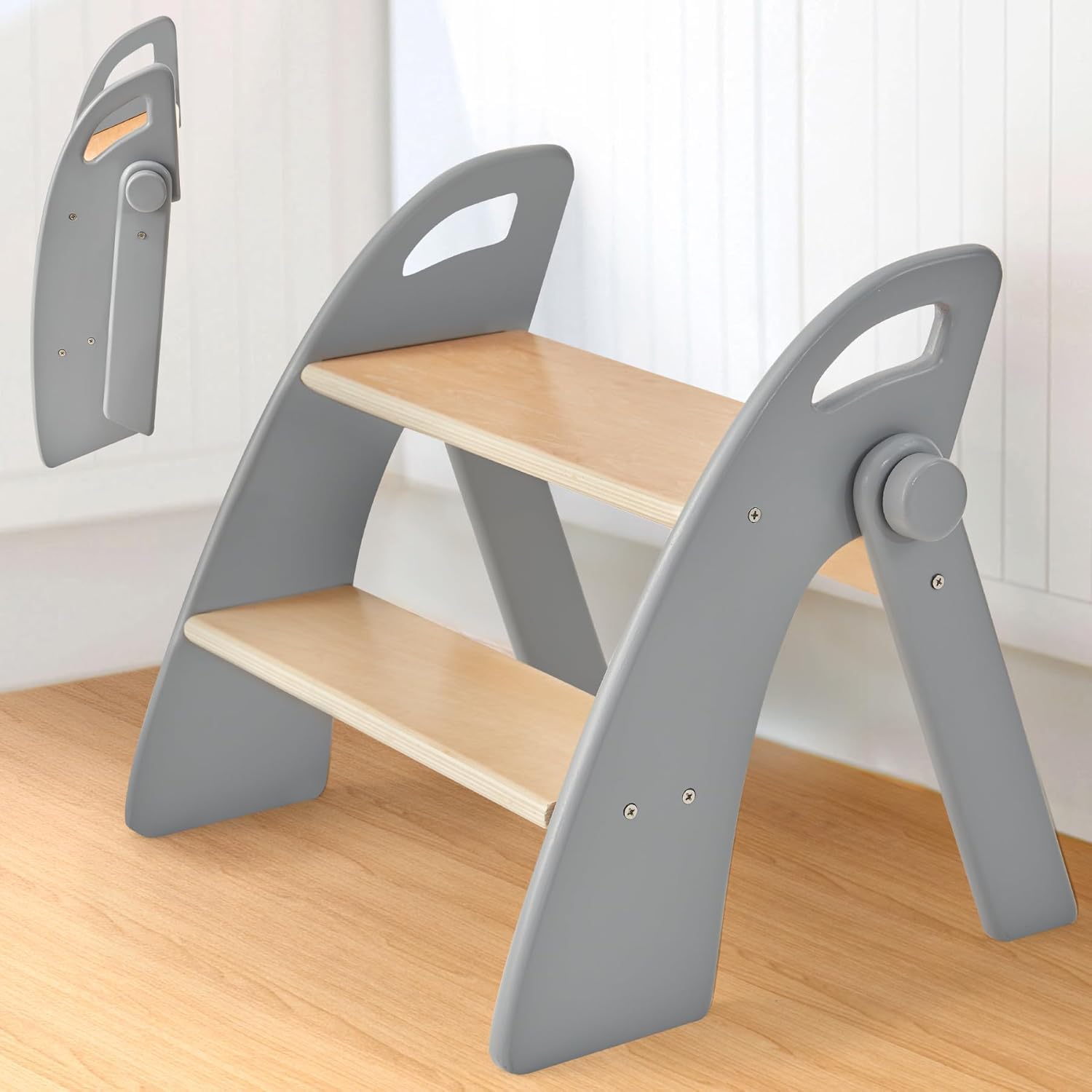Reeple wooden two step stool for toddlers front view in grizzly grey finish showing safety handles