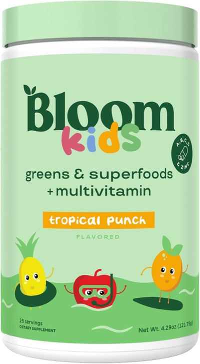 Bloom Nutrition Superfood Greens Powder for Kids, Digestive Enzymes, Probiotics, Prebiotics, Gut Health, Chlorella, Green Juice Mix w/Beet Root Powder (25 Servings (Pack of 1), Tropical Punch) - Image 1