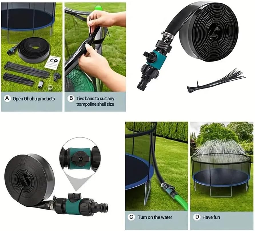 Thickened PVC sprinkler hose showing the durable leakproof construction and spray holes for backyard cooling play.