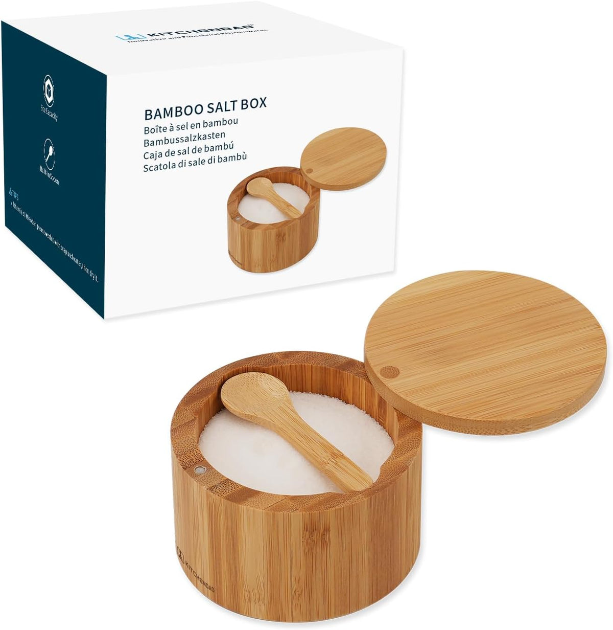 KitchenDao bamboo salt cellar bowl box front view