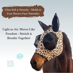 Side profile of horse wearing leopard print breathable fly mask