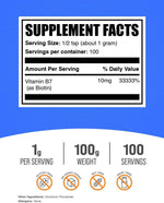 BulkSupplements Vitamin B7 100 grams pouch showing nutritional facts and clean ingredients