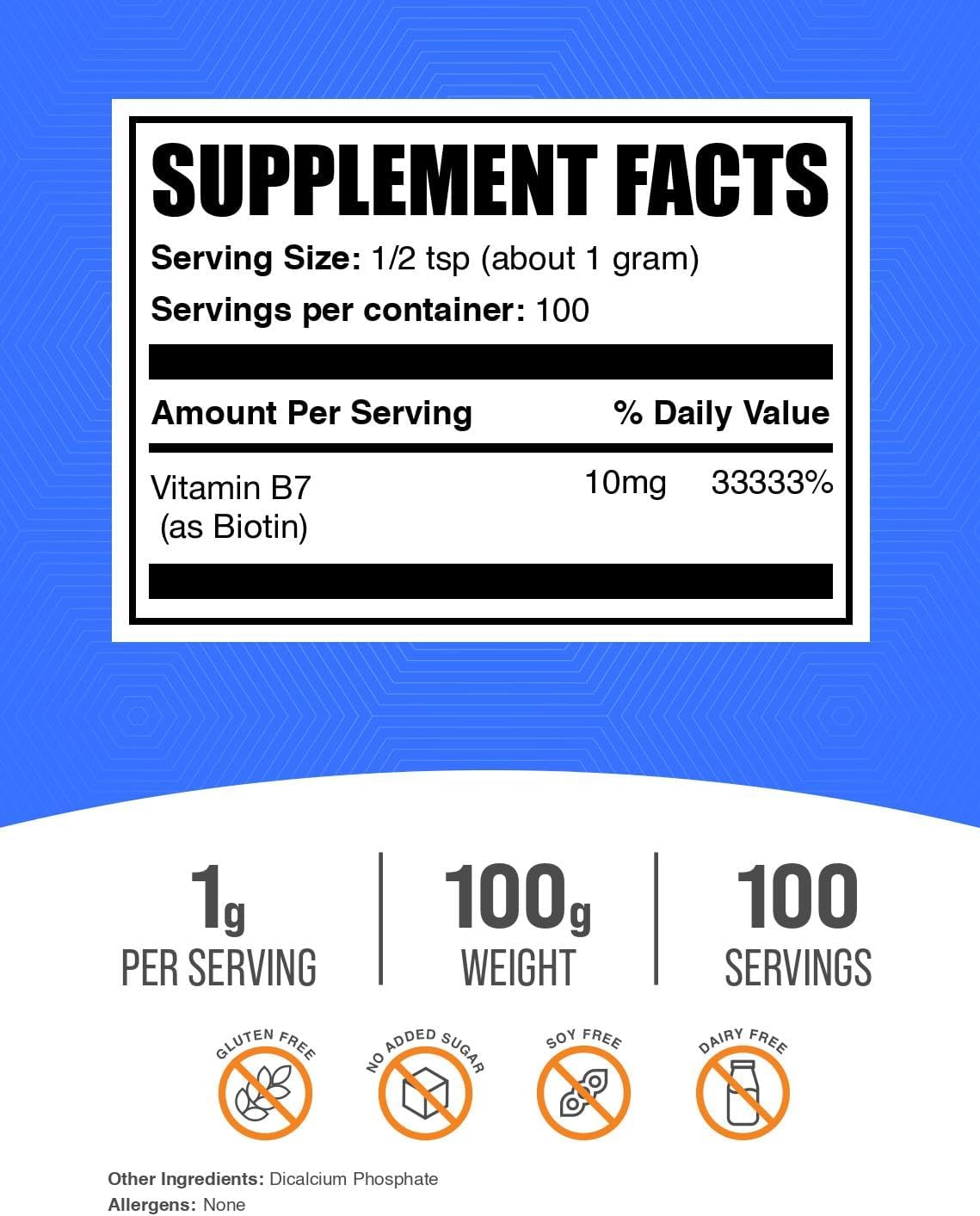 BulkSupplements Vitamin B7 100 grams pouch showing nutritional facts and clean ingredients