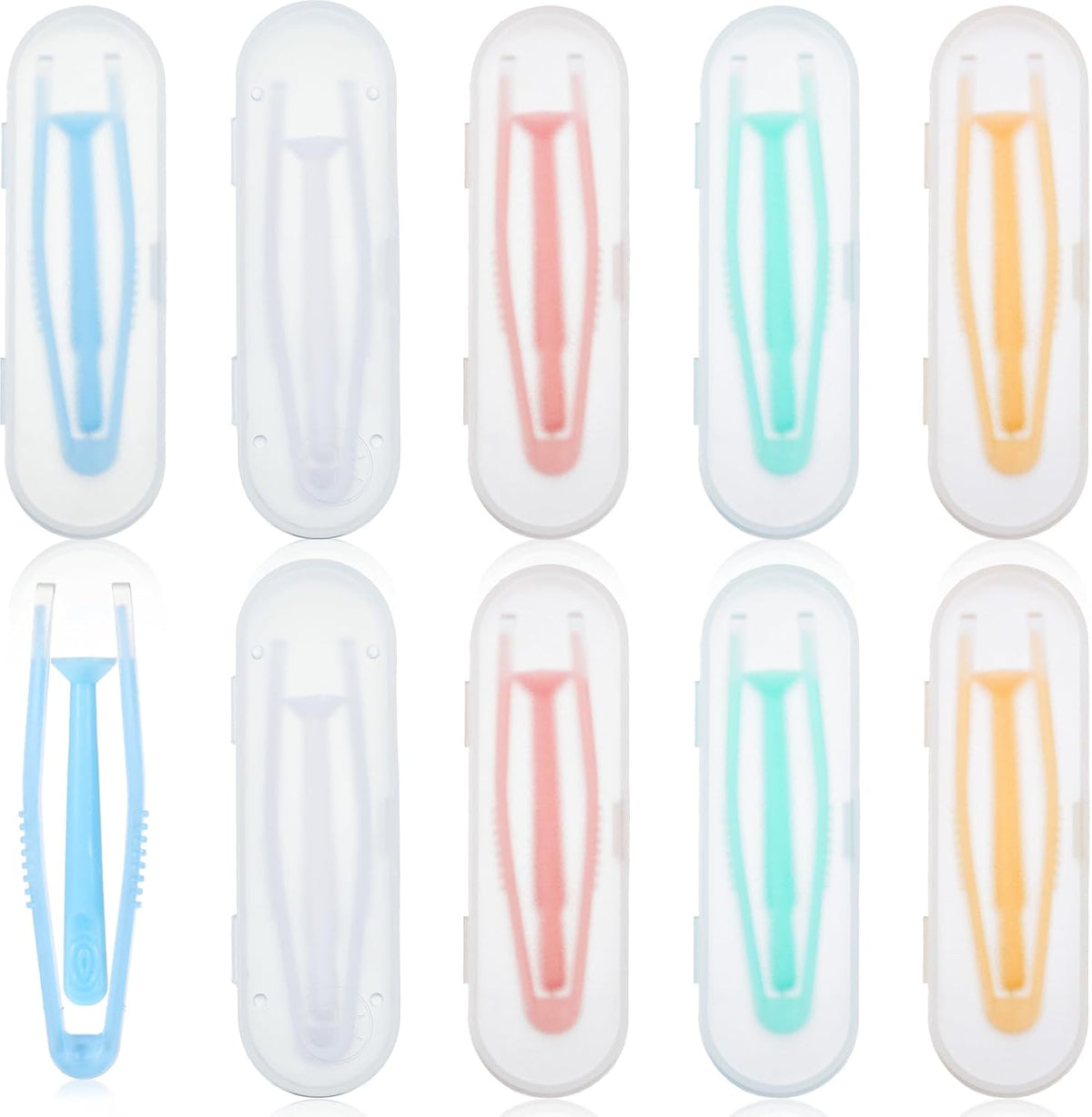 Tucnoeu contact lens remover tool set showing ten colorful individual storage boxes lined up in a neat front view row