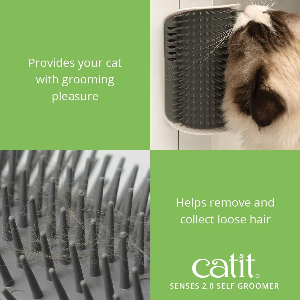 Catit wall mounted cat brush attached to a corner surface